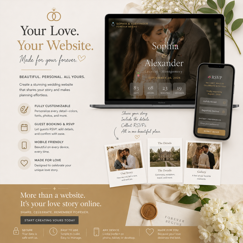 Elegant custom wedding website design with live wedding countdown