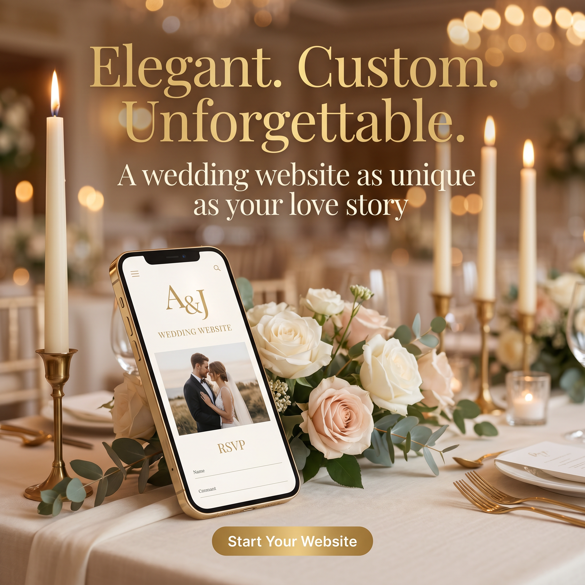 Elegant, Custom, Unforgettable - luxury custom wedding website ad