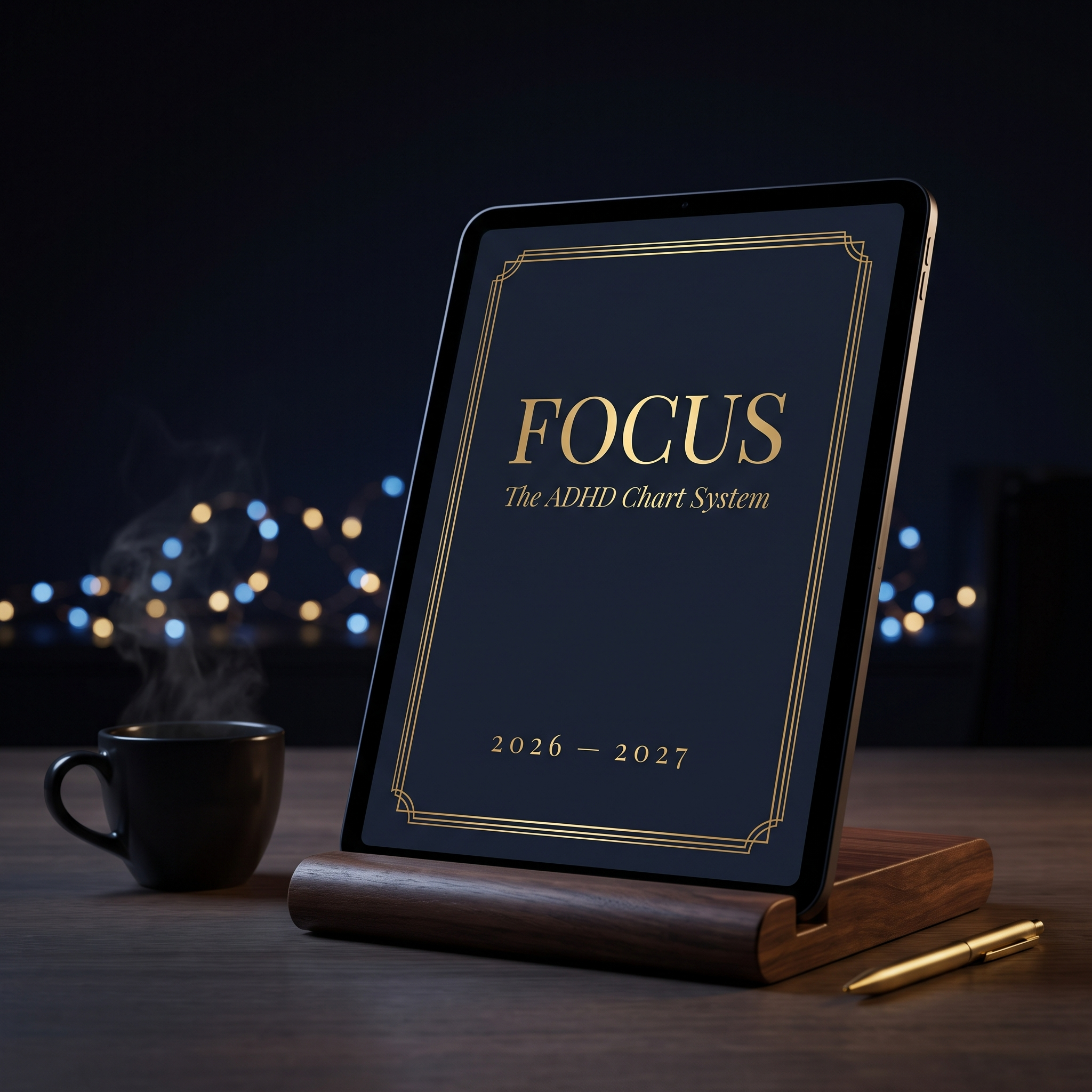 The ADHD Focus System 2026-2027 digital planner cover displayed on a tablet in a cinematic dark desk scene