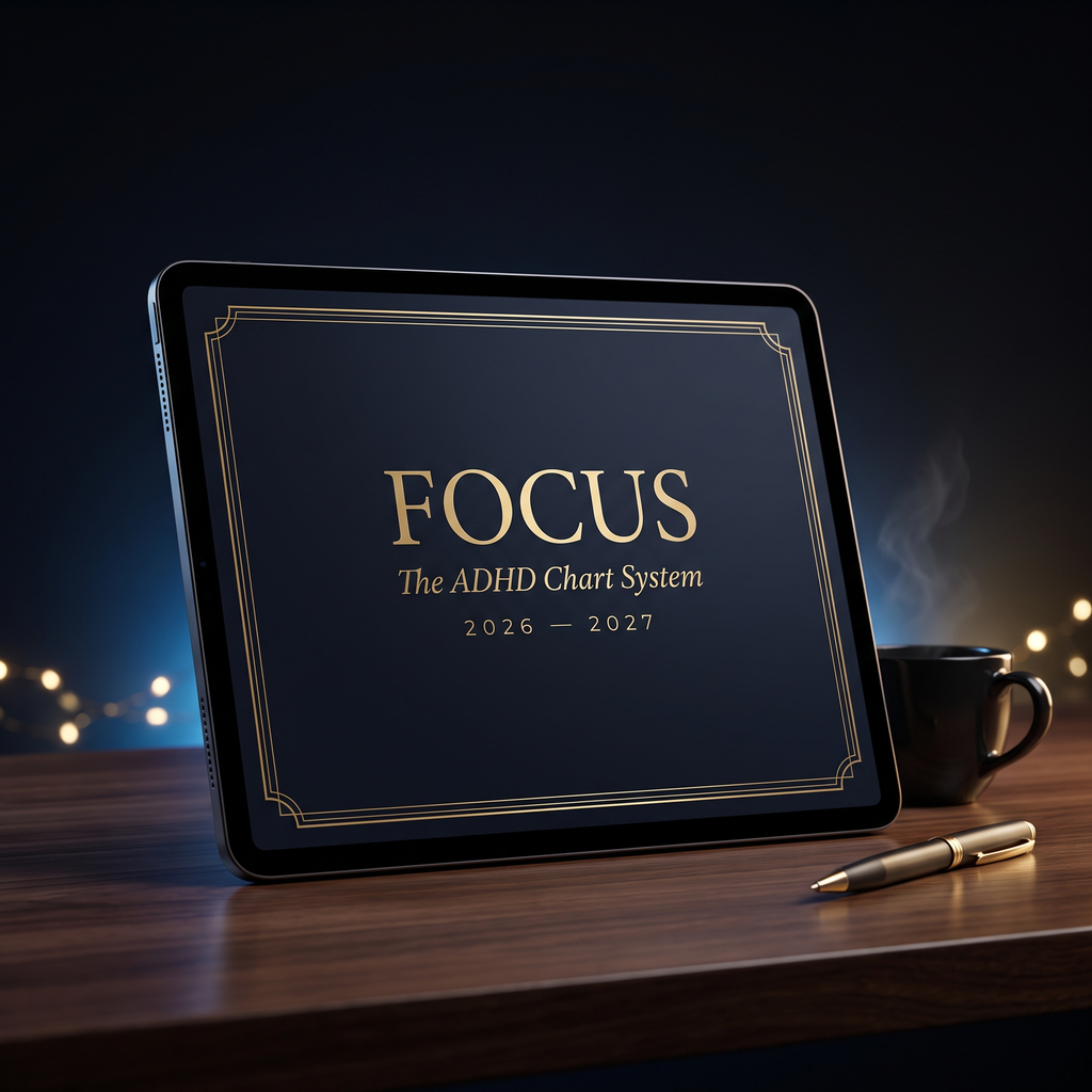 The ADHD Focus System 2026-2027 cover art - dark cinematic design with gold typography
