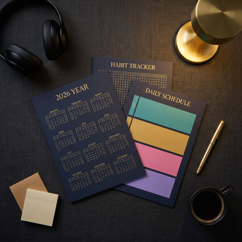 Flat-lay of the ADHD chart bundle pages: 2026 year calendar, habit tracker and daily rhythm chart