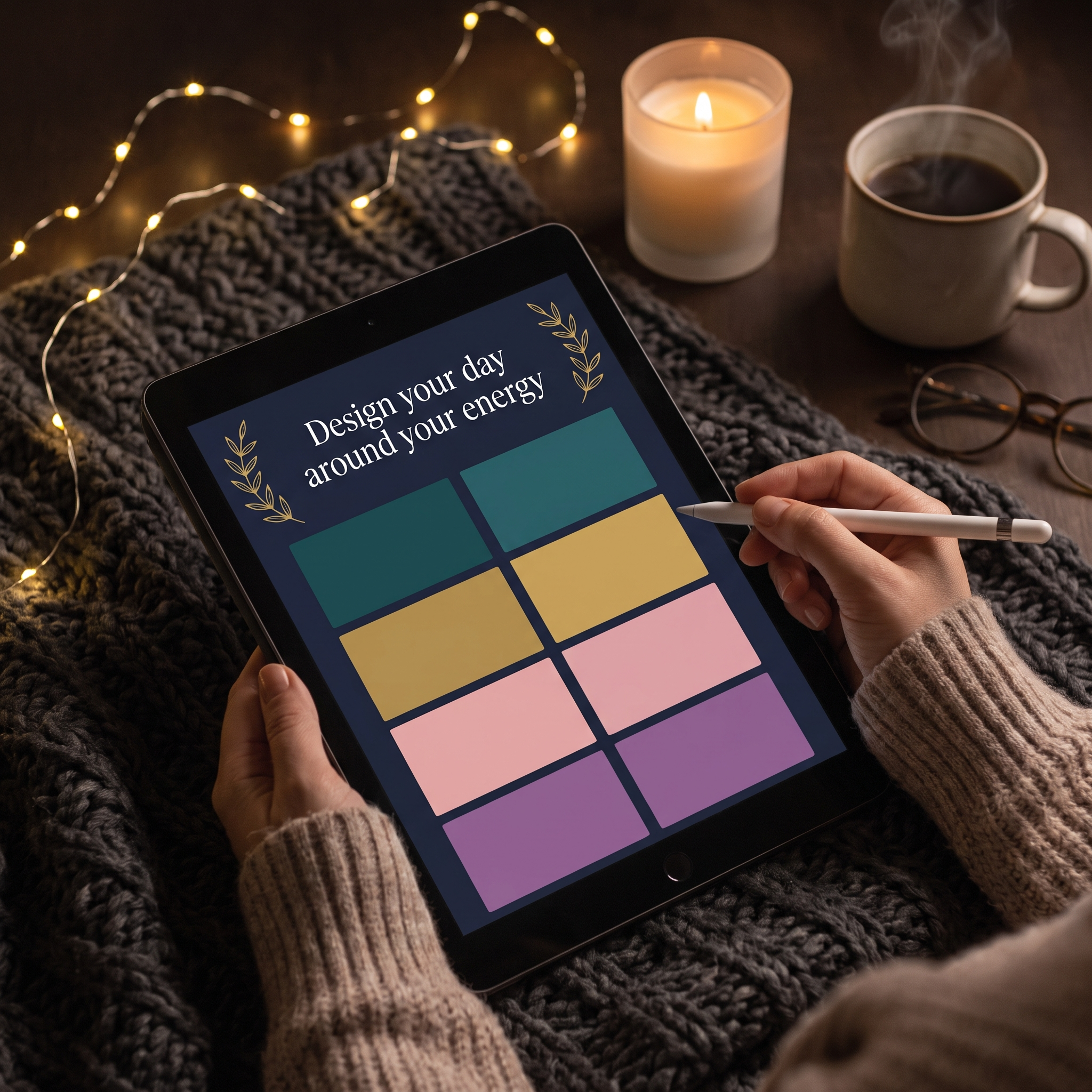 Using the ADHD daily rhythm chart on a tablet with a stylus in a cozy evening setting