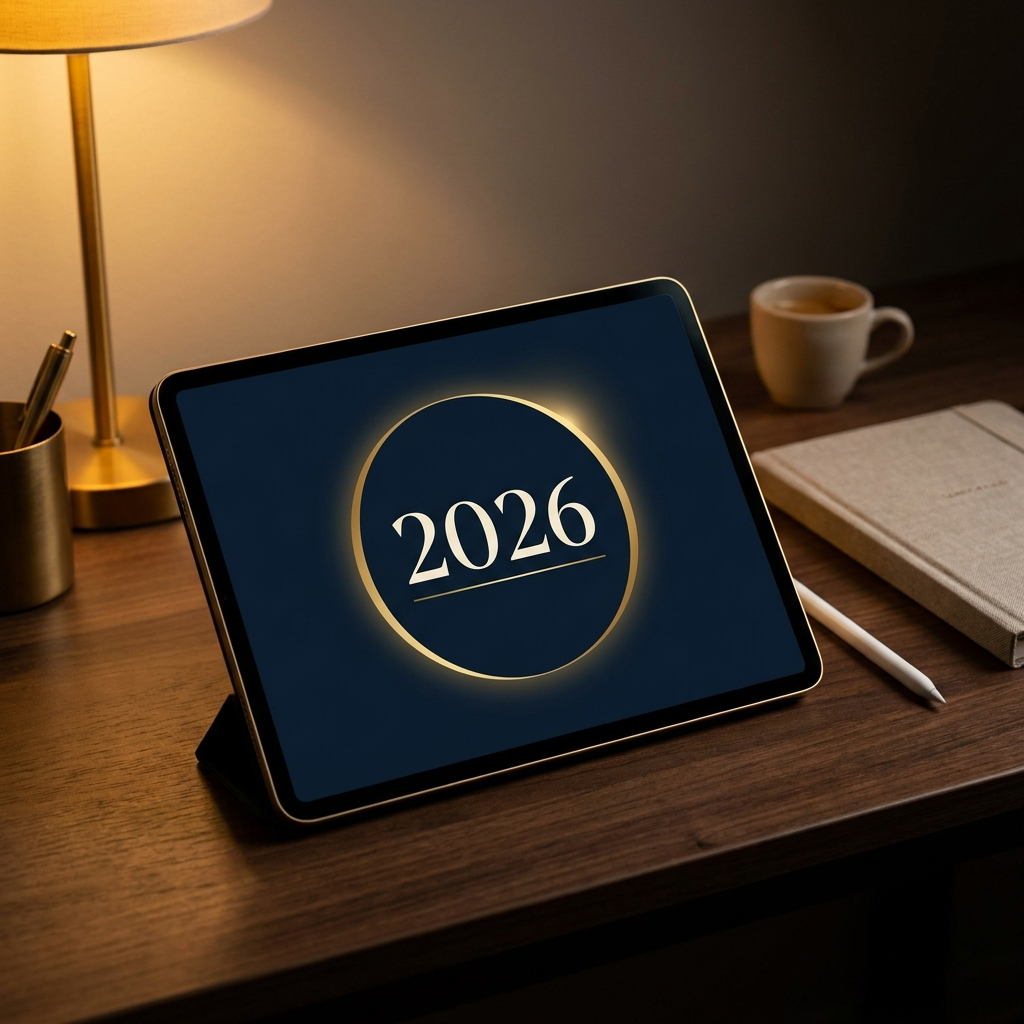 2026 ADHD digital planner Midnight Edition displayed on a tablet on a dark desk with stylus — dark navy cover with gold ring and 2026 numerals