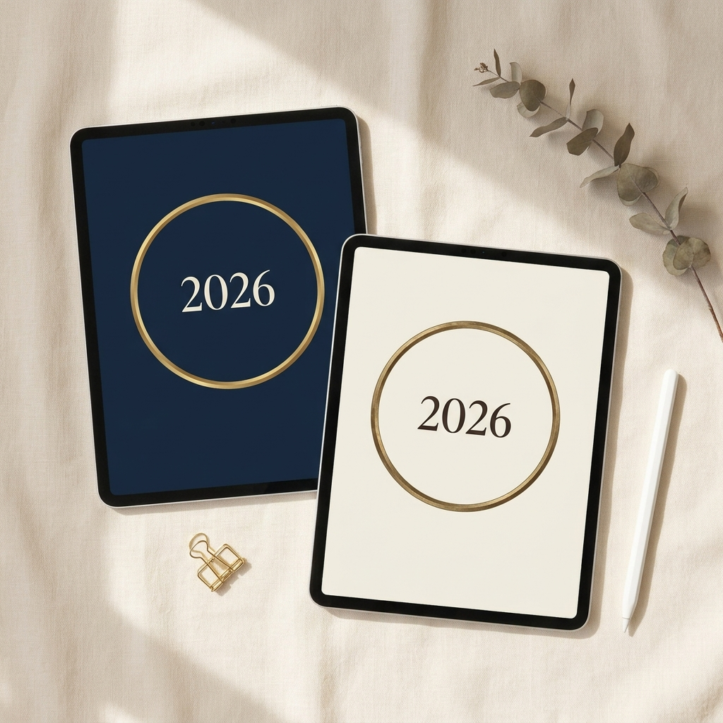 Both included editions of the 2026 ADHD planner — dark Midnight and ivory Daylight covers shown side by side on two tablets